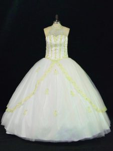 Stylish Floor Length Ball Gowns Sleeveless Yellow And White Vestidos de Quinceanera Lace Up
