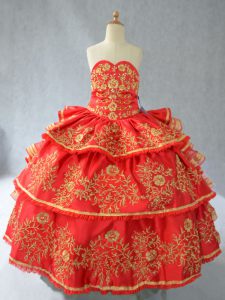 Floor Length Ball Gowns Sleeveless Red Little Girl Pageant Gowns Lace Up