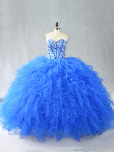 Blue Military Ball Gowns Sweet 16 and Quinceanera with Beading and Ruffles Sweetheart Sleeveless Lace Up