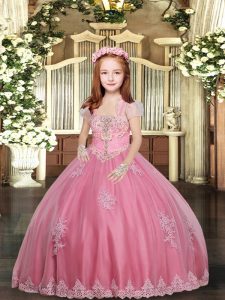 On Sale Pink Tulle Lace Up Straps Sleeveless Floor Length Girls Pageant Dresses Appliques