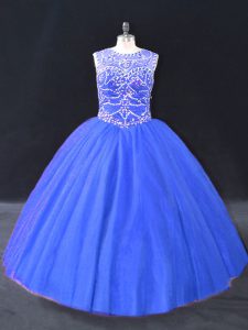 Gorgeous Sleeveless Tulle Floor Length Lace Up 15 Quinceanera Dress in Blue with Beading