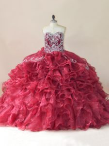 Sleeveless Organza Brush Train Lace Up Sweet 16 Dress in Wine Red with Beading and Appliques and Ruffles