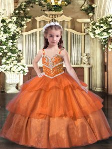 Orange Straps Lace Up Ruffled Layers Kids Formal Wear Sleeveless