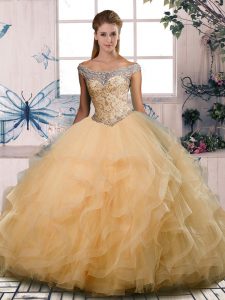 Most Popular Gold Off The Shoulder Neckline Beading and Ruffles Sweet 16 Dress Sleeveless Lace Up