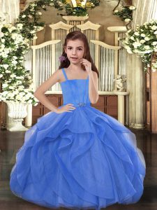 Floor Length Blue Little Girl Pageant Gowns Tulle Sleeveless Beading