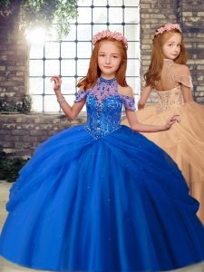 Simple Floor Length Blue and Peach Child Pageant Dress Tulle Sleeveless Beading