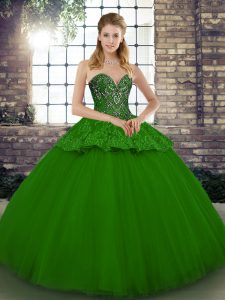 Flare Sweetheart Sleeveless Quinceanera Dresses Floor Length Beading and Appliques Green Tulle