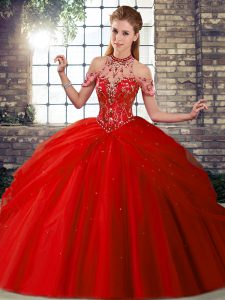 Beauteous Ball Gowns Sleeveless Red Sweet 16 Quinceanera Dress Brush Train Lace Up
