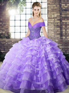 Sexy Off The Shoulder Sleeveless Brush Train Lace Up Sweet 16 Quinceanera Dress Lavender Organza