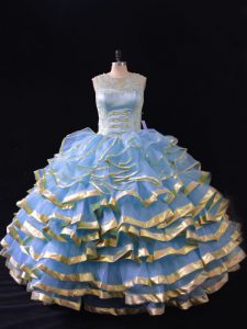 Blue Scoop Neckline Ruffled Layers 15 Quinceanera Dress Sleeveless Lace Up