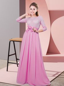 Cute Chiffon Scoop 3 4 Length Sleeve Side Zipper Lace and Belt Quinceanera Court Dresses in Rose Pink