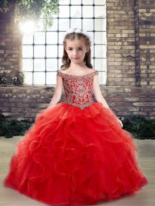 Red Lace Up Little Girl Pageant Gowns Beading and Ruffles Sleeveless Floor Length