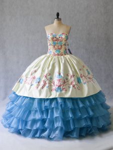 Floor Length Blue And White Quinceanera Dress Satin and Organza Sleeveless Embroidery and Ruffled Layers