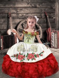 Customized White And Red Ball Gowns Off The Shoulder Sleeveless Organza Floor Length Lace Up Beading and Embroidery and Ruffles Little Girls Pageant Gowns