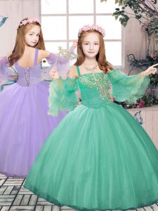 Ball Gowns Kids Formal Wear Turquoise Straps Tulle Sleeveless Floor Length Lace Up