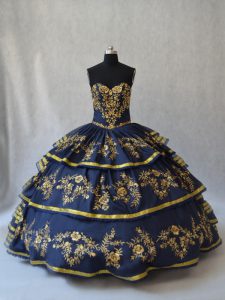 Colorful Sleeveless Floor Length Embroidery and Ruffled Layers Lace Up Quinceanera Gown with Navy Blue