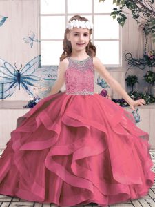 Latest Ball Gowns Child Pageant Dress Red Scoop Tulle Sleeveless Floor Length Lace Up