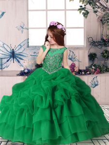 Green Sleeveless Organza Zipper Little Girl Pageant Dress for Party and Military Ball and Wedding Party