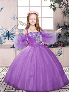 Excellent Lavender Lace Up Pageant Gowns For Girls Beading Sleeveless Floor Length