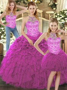 Fuchsia Sleeveless Floor Length Beading and Ruffles Lace Up Vestidos de Quinceanera