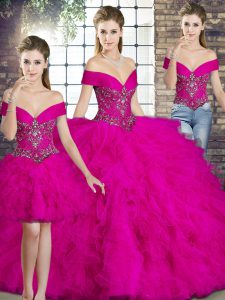 Cheap Off The Shoulder Sleeveless Sweet 16 Quinceanera Dress Floor Length Beading and Ruffles Fuchsia Tulle
