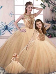 Beautiful Gold Ball Gowns Scoop Sleeveless Tulle Floor Length Lace Up Beading Quince Ball Gowns