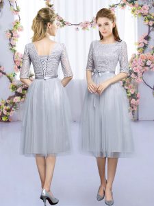 Classical Grey Lace Up Scoop Lace and Belt Quinceanera Court of Honor Dress Tulle Half Sleeves