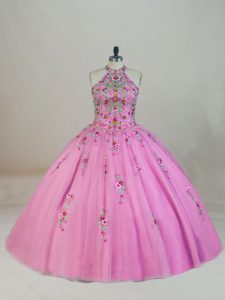 Sleeveless Tulle Brush Train Lace Up 15 Quinceanera Dress in Rose Pink with Appliques and Embroidery