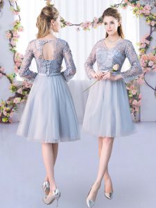 Simple Grey Empire Tulle V-neck Long Sleeves Lace and Belt Knee Length Lace Up Quinceanera Court of Honor Dress