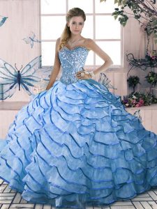 Deluxe Blue Sleeveless Beading and Ruffles Lace Up Ball Gown Prom Dress