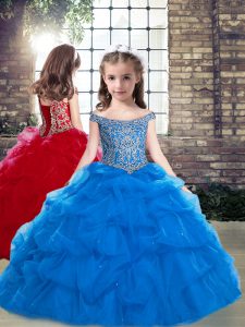 Low Price Blue Sleeveless Organza Lace Up Little Girls Pageant Dress for Party and Wedding Party