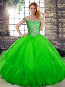 Green Lace Up Sweet 16 Dress Beading and Ruffles Sleeveless Floor Length