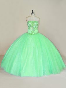 Green Sleeveless Floor Length Beading and Sequins Lace Up Vestidos de Quinceanera