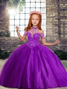 Beading Little Girl Pageant Gowns Purple Lace Up Sleeveless Floor Length
