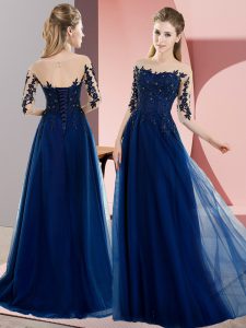 Best Navy Blue Chiffon Lace Up Bateau Half Sleeves Floor Length Dama Dress for Quinceanera Beading and Lace