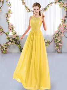 Vintage Sleeveless Chiffon Floor Length Zipper Quinceanera Court Dresses in Gold with Lace