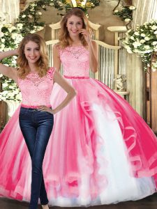 Fashion Hot Pink Sleeveless Tulle Clasp Handle Quince Ball Gowns for Military Ball and Sweet 16 and Quinceanera