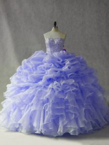 Lavender Organza Lace Up Quinceanera Gown Sleeveless Brush Train Beading and Ruffles and Pick Ups