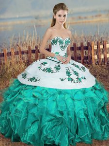 Sweetheart Sleeveless Ball Gown Prom Dress Floor Length Embroidery and Ruffles and Bowknot Turquoise Organza