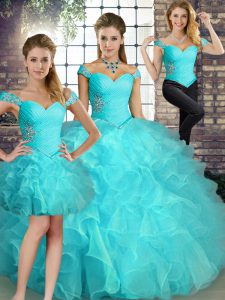 Fine Beading and Ruffles Sweet 16 Dress Aqua Blue Lace Up Sleeveless Floor Length