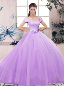 Custom Made Lavender Party Dress Wholesale Military Ball and Sweet 16 and Quinceanera with Lace and Hand Made Flower Off The Shoulder Short Sleeves Lace Up