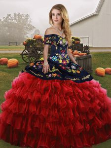 Colorful Red And Black Lace Up Off The Shoulder Embroidery and Ruffled Layers Ball Gown Prom Dress Organza Sleeveless