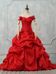 Taffeta Sleeveless Quince Ball Gowns Court Train and Pick Ups and Hand Made Flower