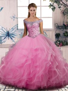 Wonderful Rose Pink Quinceanera Dresses Sweet 16 and Quinceanera with Beading and Ruffles Off The Shoulder Sleeveless Lace Up