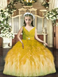 High Class Olive Green Backless Little Girl Pageant Gowns Beading and Ruffles Sleeveless Floor Length