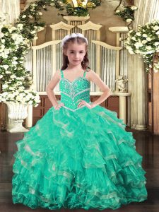 Organza Straps Sleeveless Lace Up Beading and Ruffles Pageant Dress for Teens in Turquoise