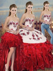Designer White And Red Sleeveless Floor Length Embroidery and Ruffles and Bowknot Lace Up Quinceanera Gowns
