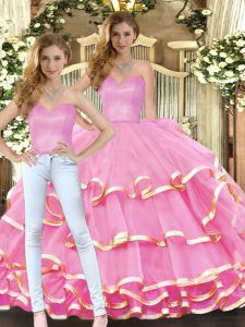 Rose Pink Sleeveless Floor Length Ruffled Layers Lace Up Teens Party Dress