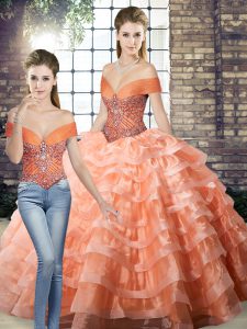 Lace Up Quinceanera Gowns Peach for Military Ball and Sweet 16 and Quinceanera with Beading and Ruffled Layers Brush Train