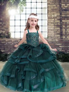 Peacock Green Sleeveless Floor Length Beading and Ruffles Lace Up Little Girl Pageant Dress